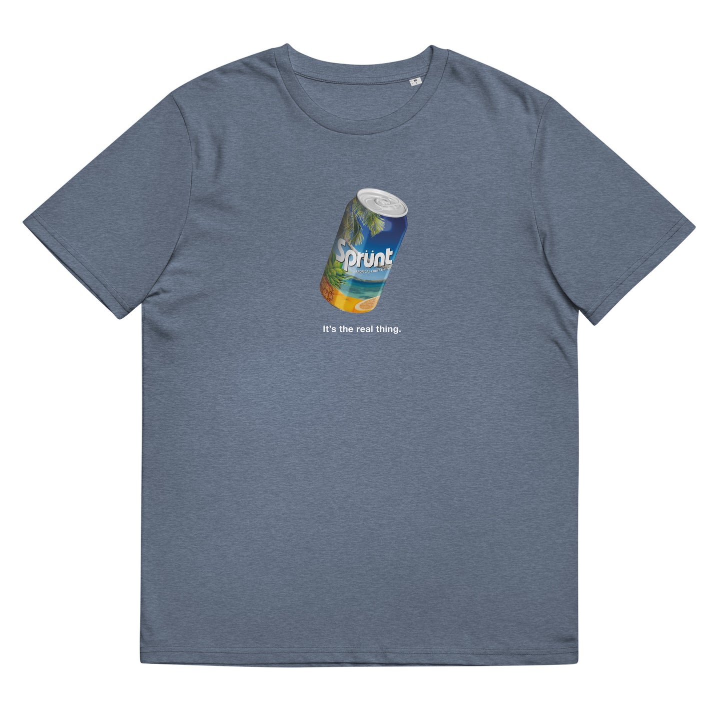 A can of Sprunt on a unisex organic cotton t-shirt