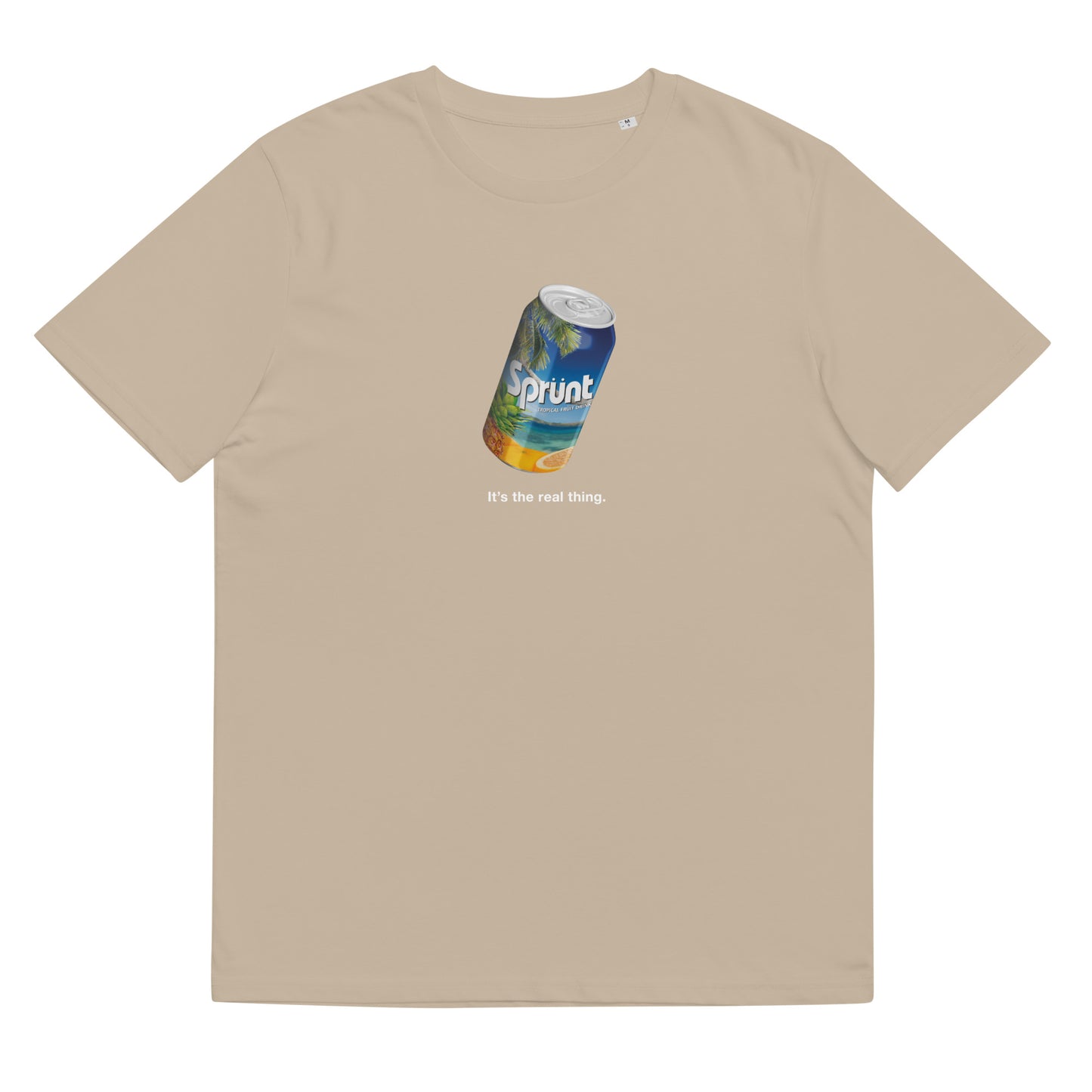 A can of Sprunt on a unisex organic cotton t-shirt