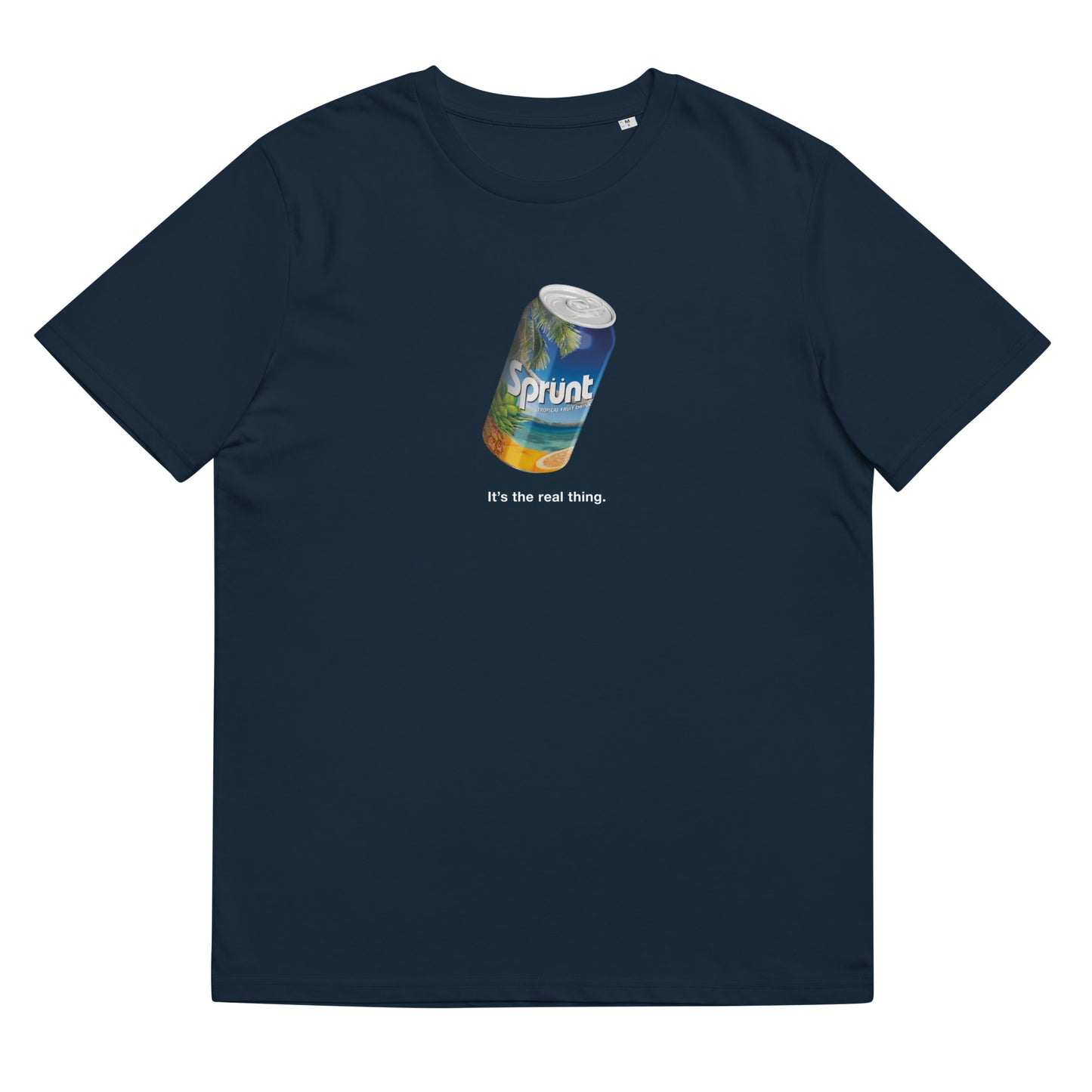 A can of Sprunt on a unisex organic cotton t-shirt