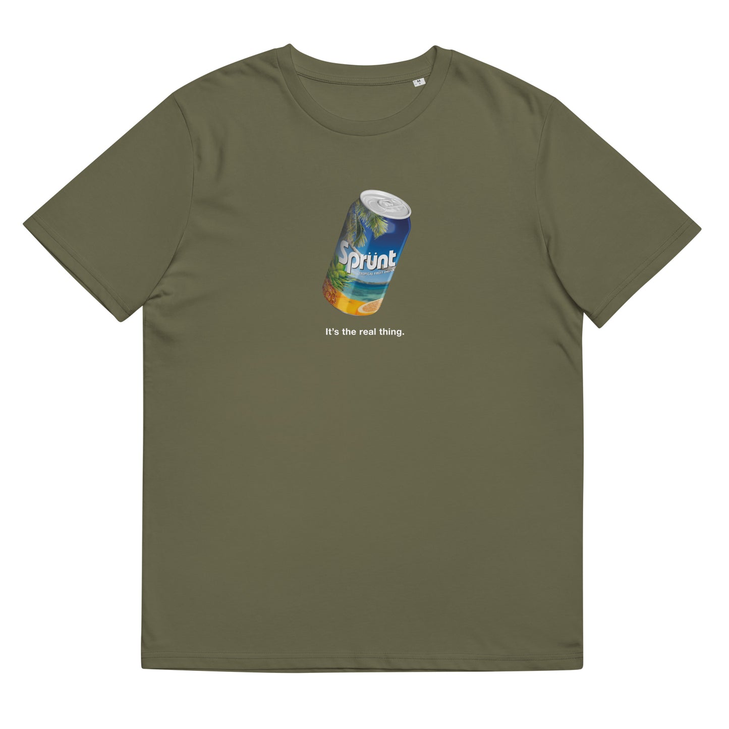 A can of Sprunt on a unisex organic cotton t-shirt