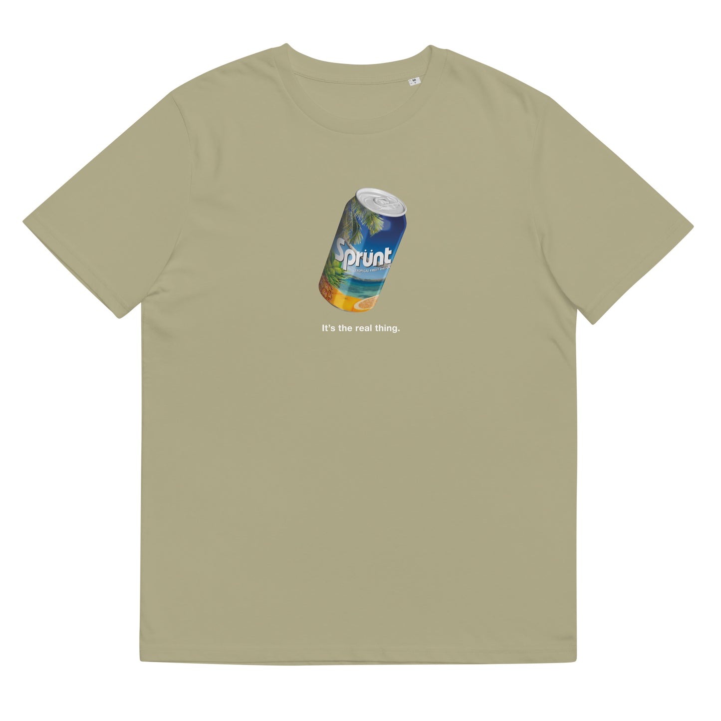 A can of Sprunt on a unisex organic cotton t-shirt